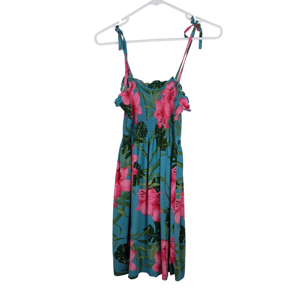 Hibiscus Collection Hawaii Girls Smocked Tropical Floral Sun Dress Blue Pink OS
